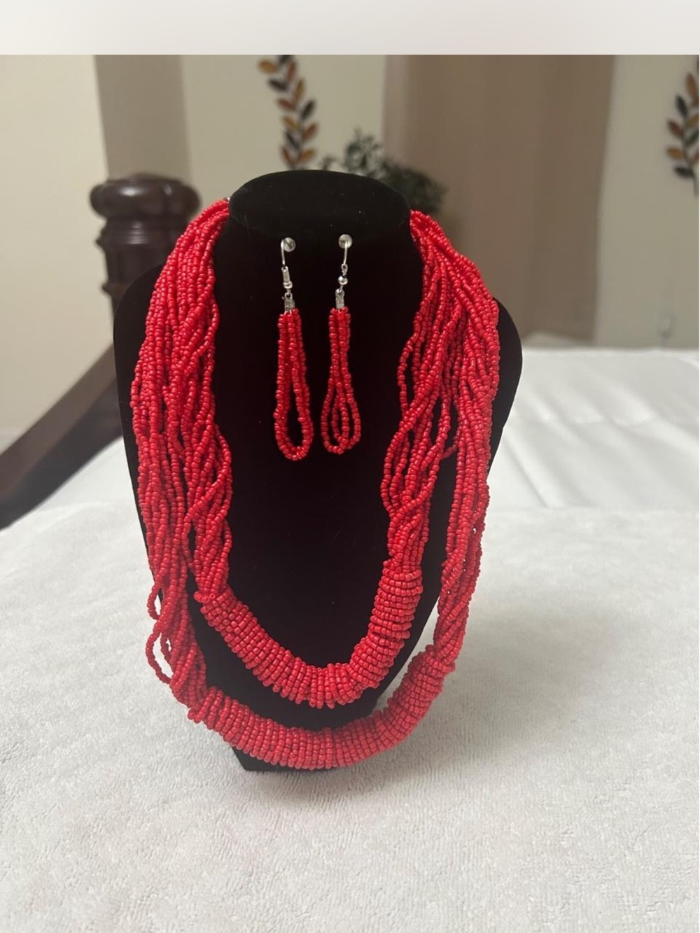Red Beaded Multi-Strand Necklace & Earrings Set - Women Jewelry